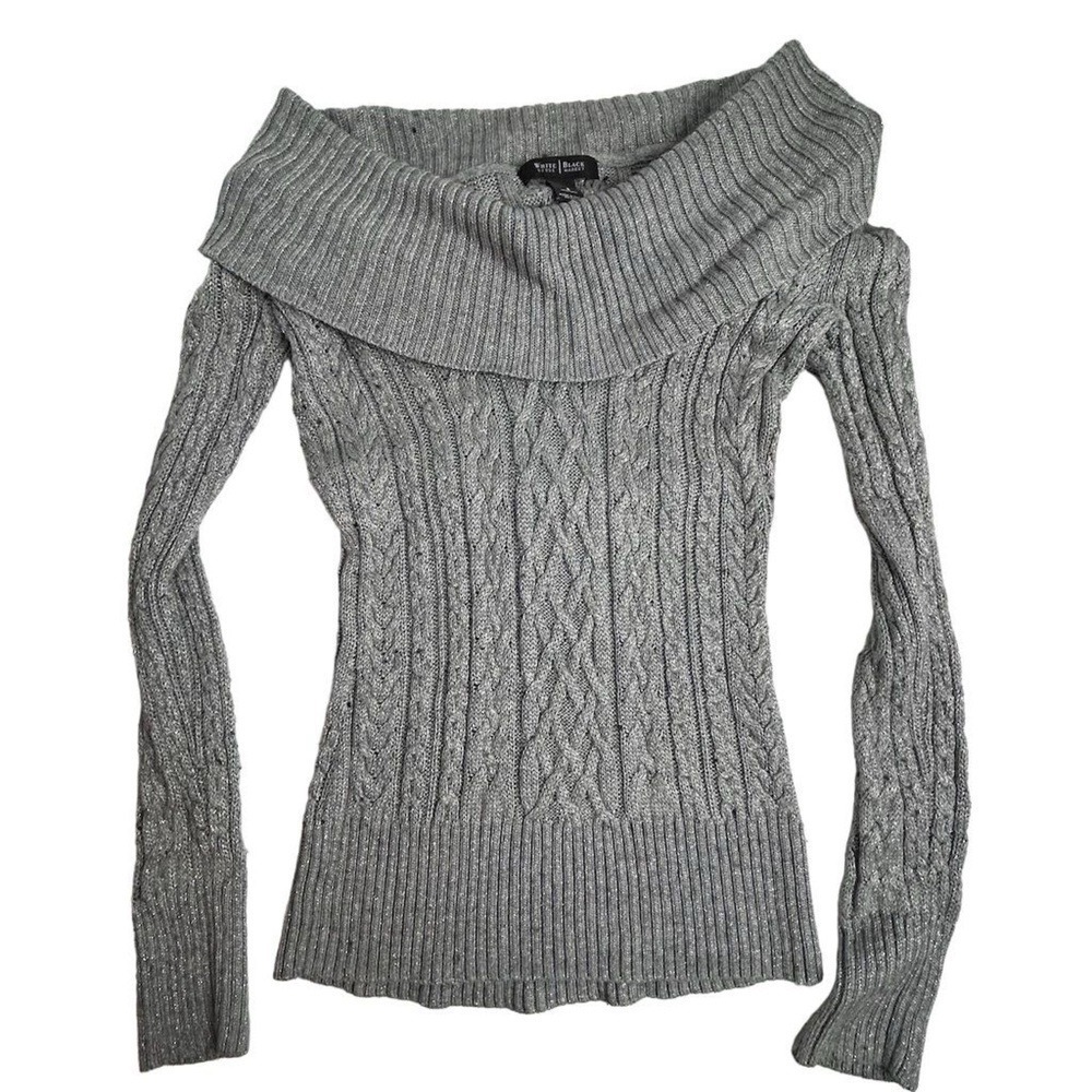 White House Black Market Silver Gray Cable Knit Cowl Neck Sweater Size S